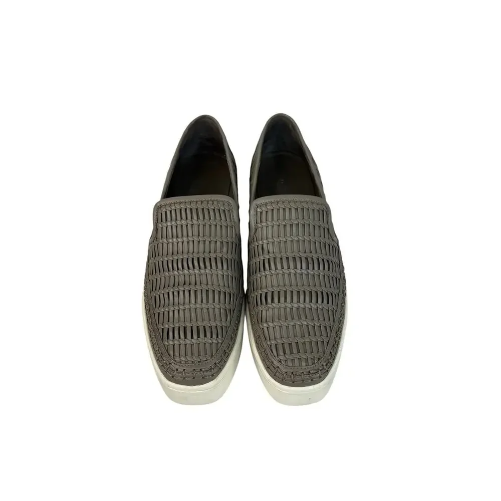 VINCE Stafford Woven Leather Slip-On Sneakers  Grey Platform Shoes Sz 8